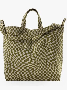 BAGGU Olive & Cream Checker Canvas Tote